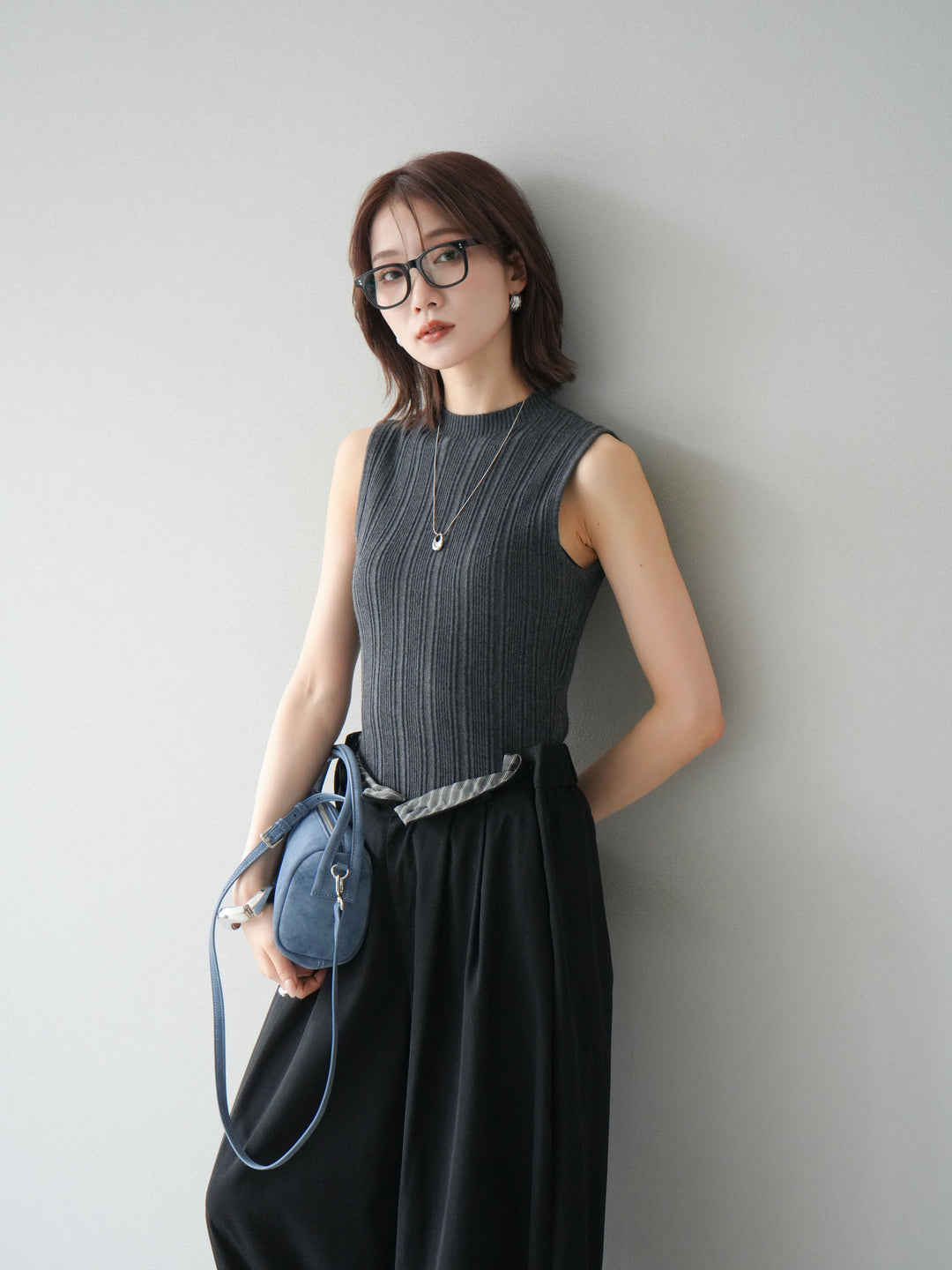 [予約]スリーブレスランダムリブニットトップス/グレー