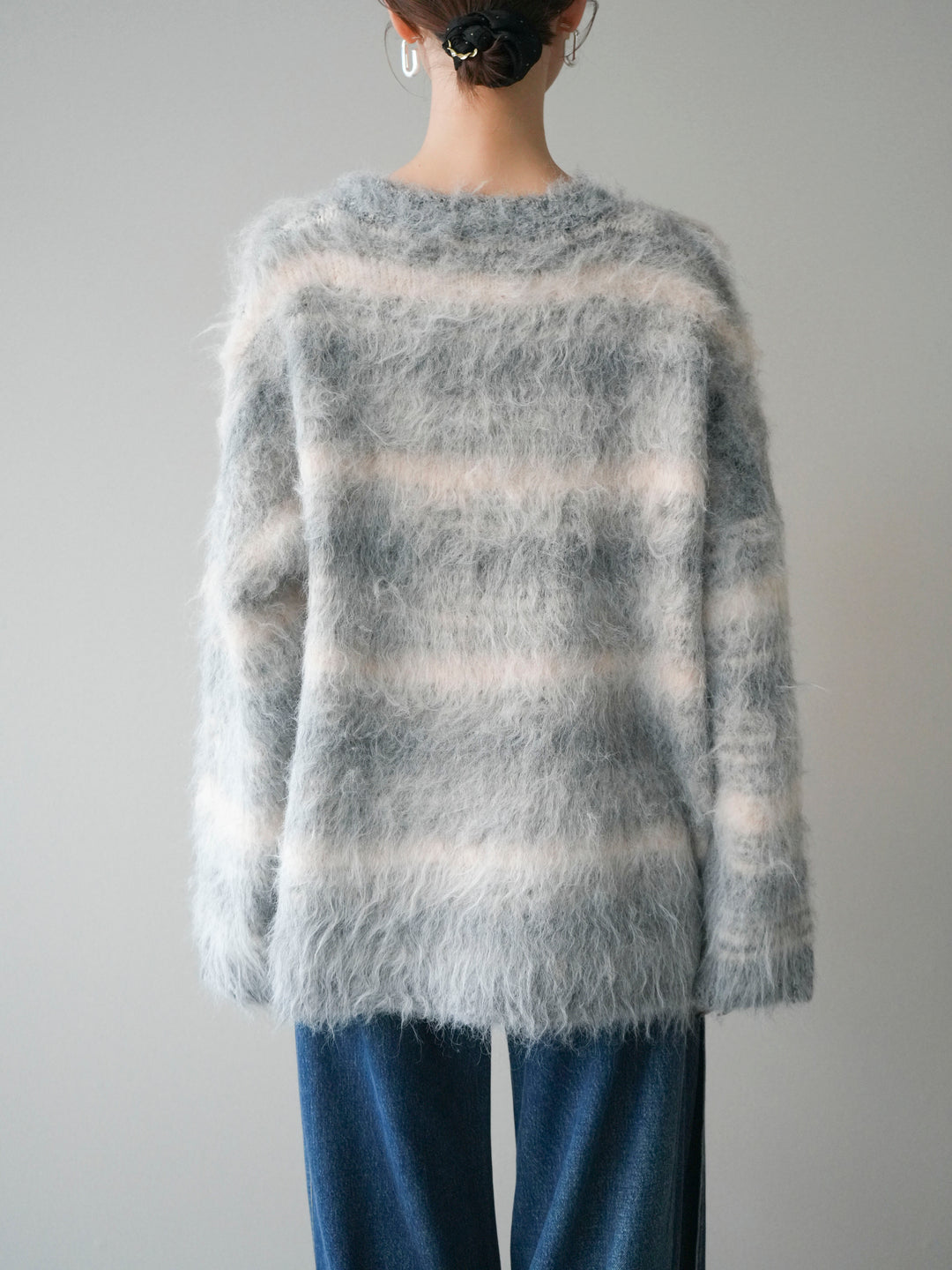 [予約]ストール付シャギーマルチボーダーニットプルオーバー/gray