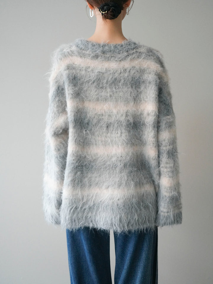 [予約]ストール付シャギーマルチボーダーニットプルオーバー/gray