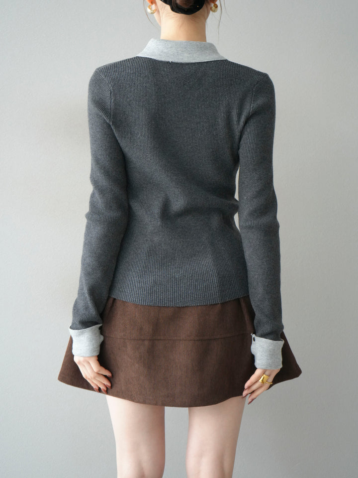 [予約]ニットカフス襟付き配色リブニットトップス/charcoal