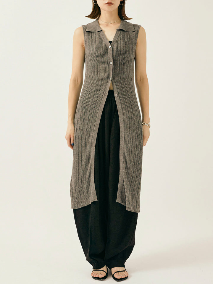 [予約]襟付きランダムリブロングニットカーディガン/グレー