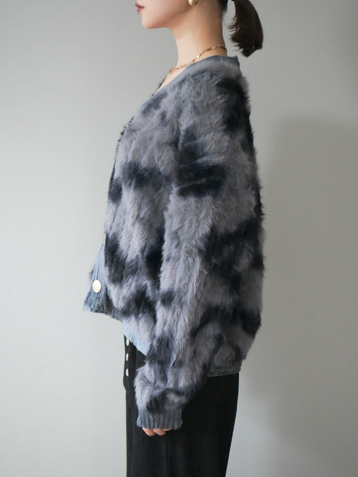 [予約]ニュアンス柄シャギーニットカーディガン/gray