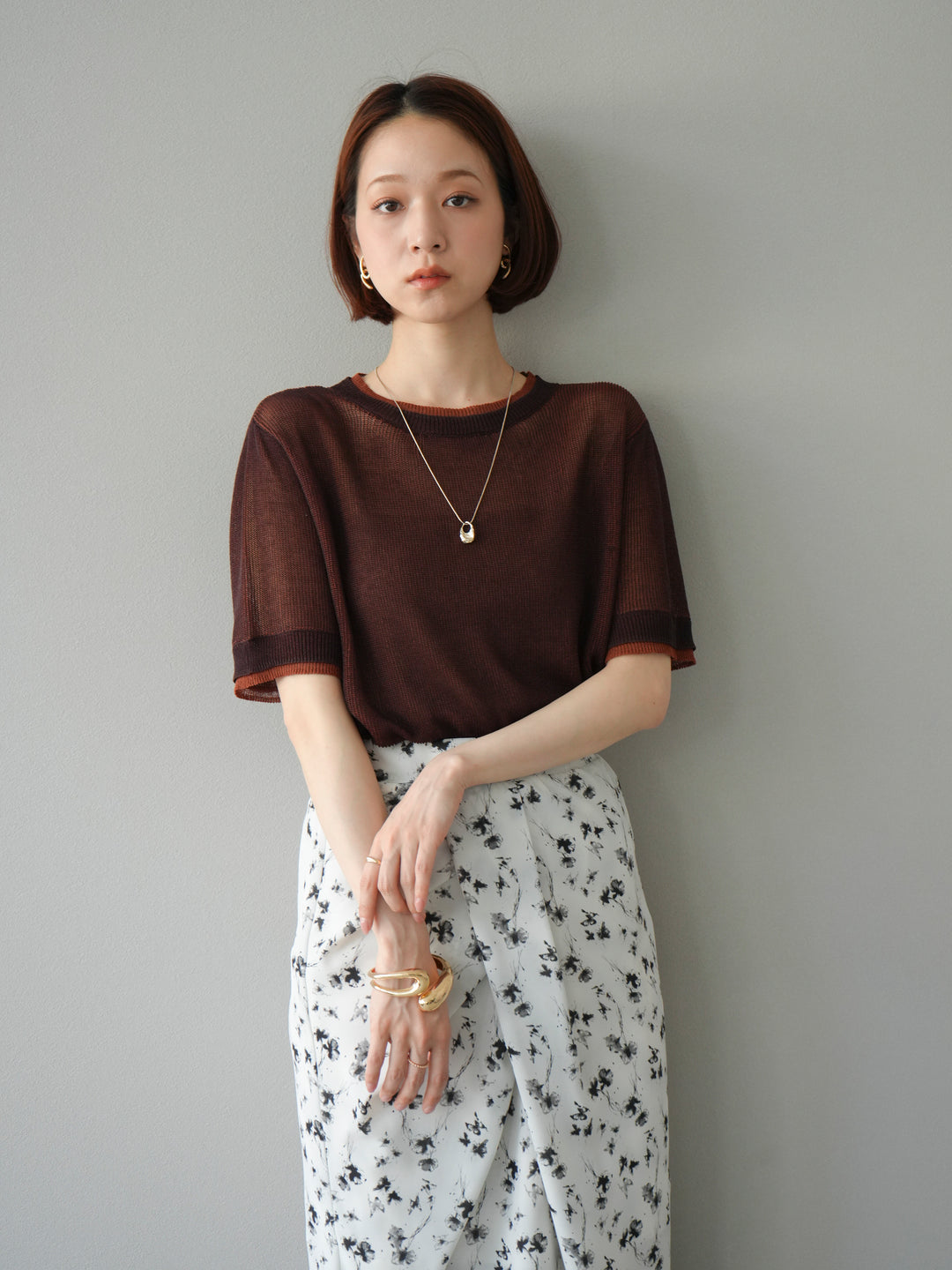 [SET]リネンタッチ配色二重臼ハーフニットトップス+選べるアソート柄スカートセット(2set)