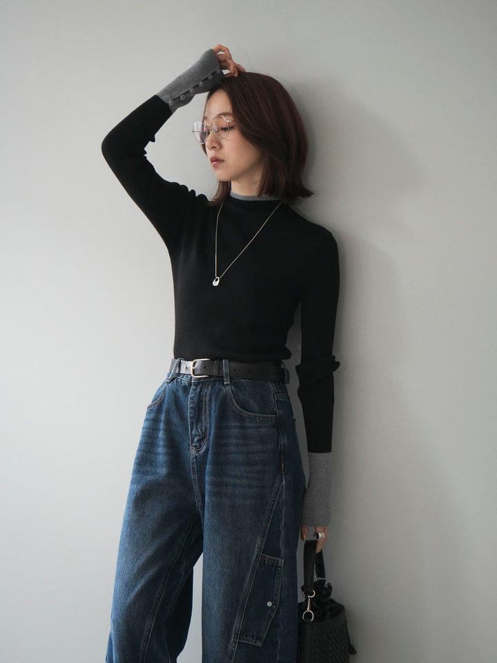 [予約]袖ボタンハイネック配色リブニットトップス/black