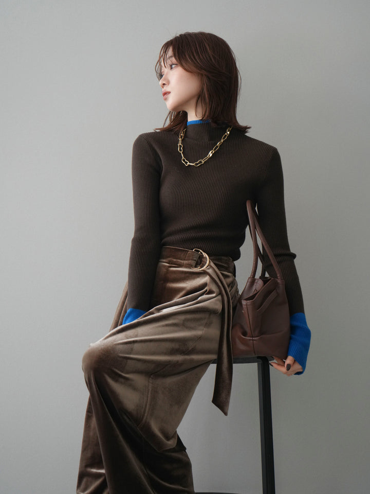 [予約]袖ボタンハイネック配色リブニットトップス/brown