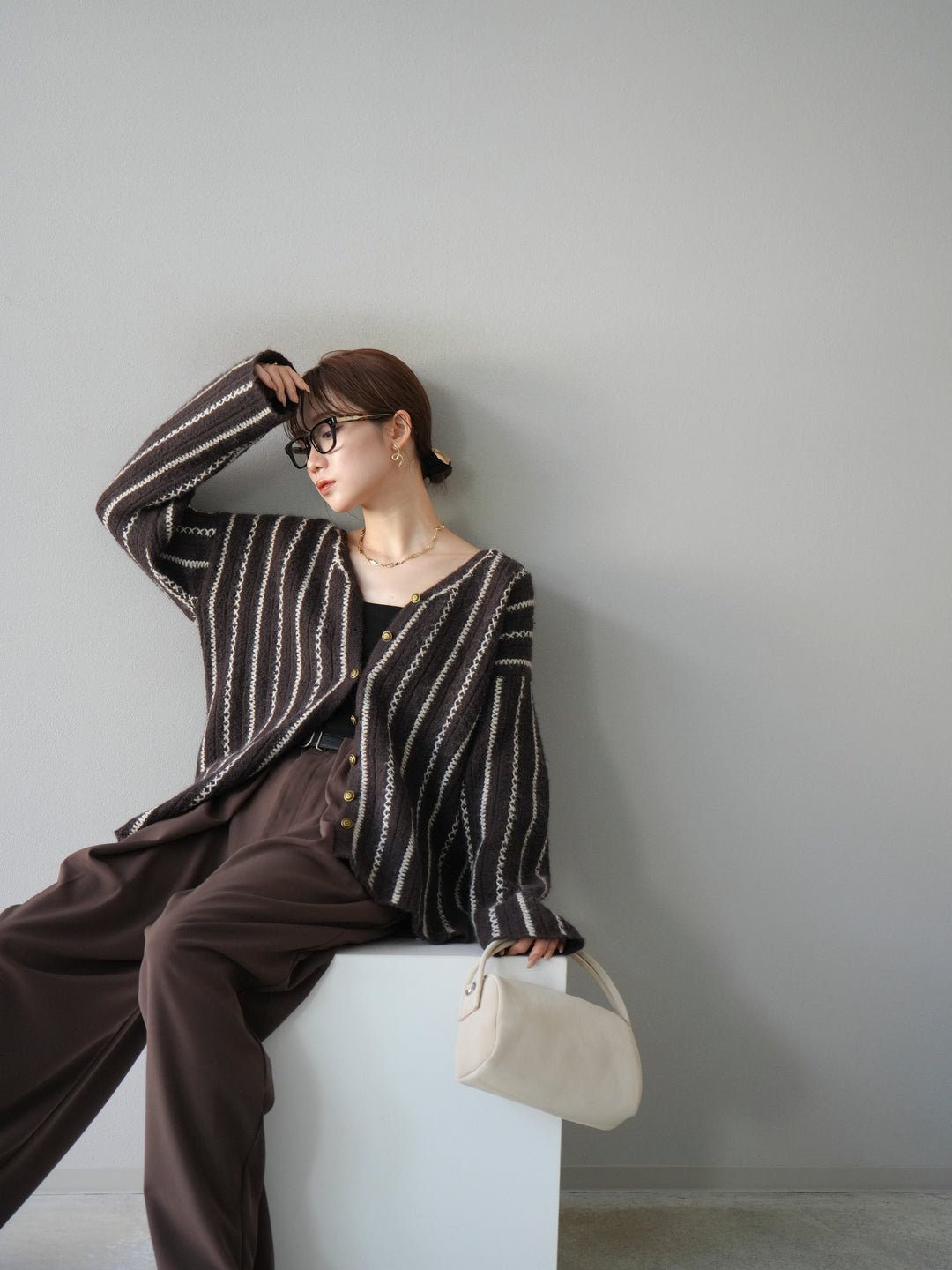 [予約]ストライプVネックニットカーディガン/ブラウン