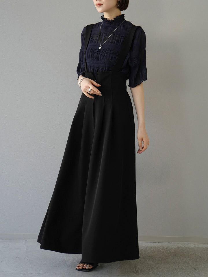 [SET] Shirring chiffon half sleeve blouse + 2WAY flare jumper skirt (2set)