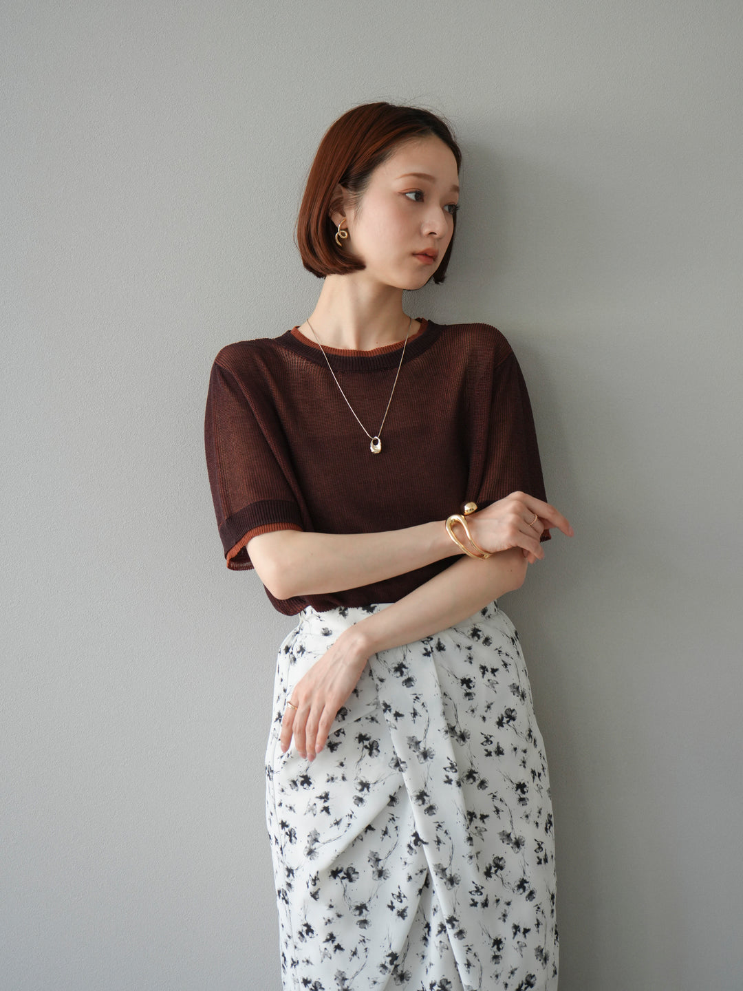 [SET]リネンタッチ配色二重臼ハーフニットトップス+選べるアソート柄スカートセット(2set)