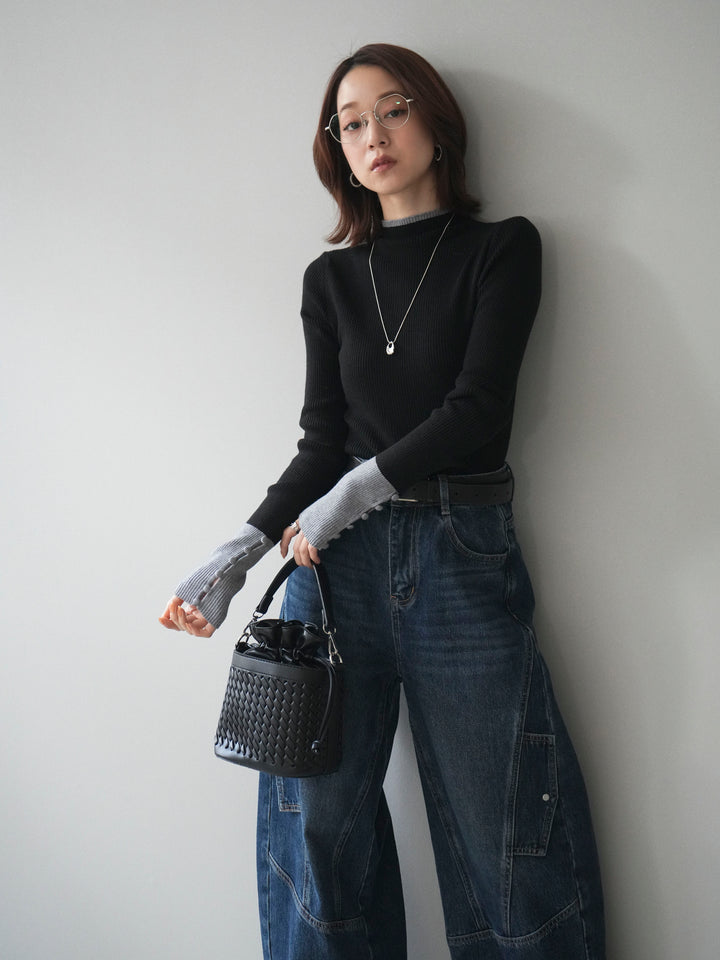 [予約]袖ボタンハイネック配色リブニットトップス/black