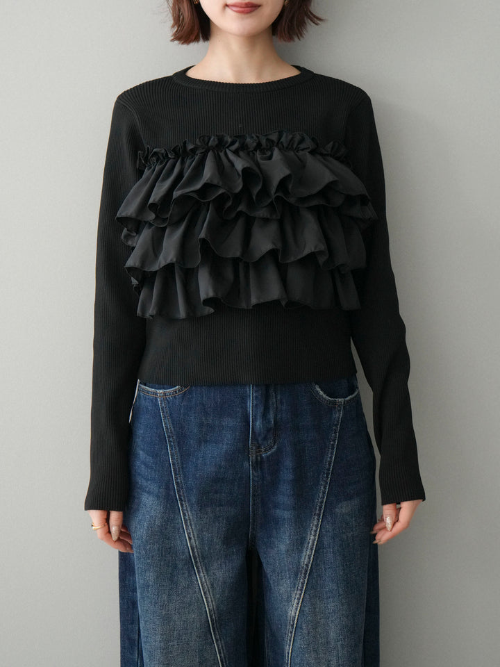 [予約]フリルビスチェドッキングスポンジニットプルオーバー/black