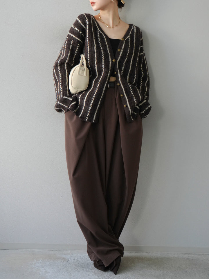 [予約]ストライプVネックニットカーディガン/ブラウン