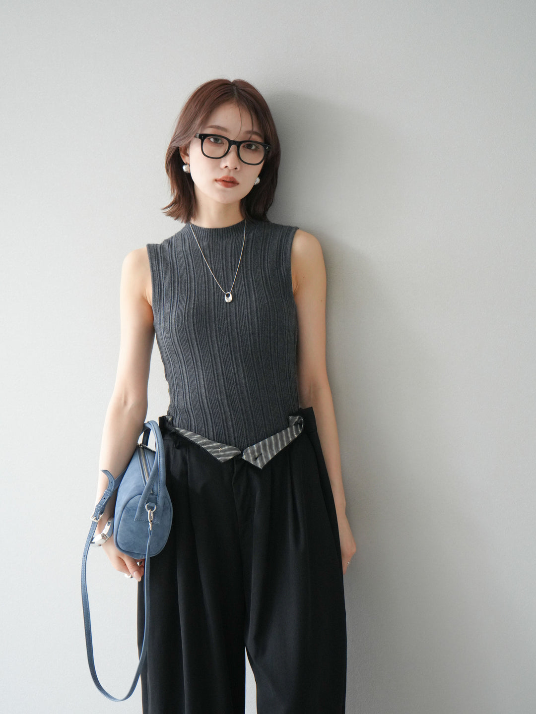 [予約]スリーブレスランダムリブニットトップス/グレー