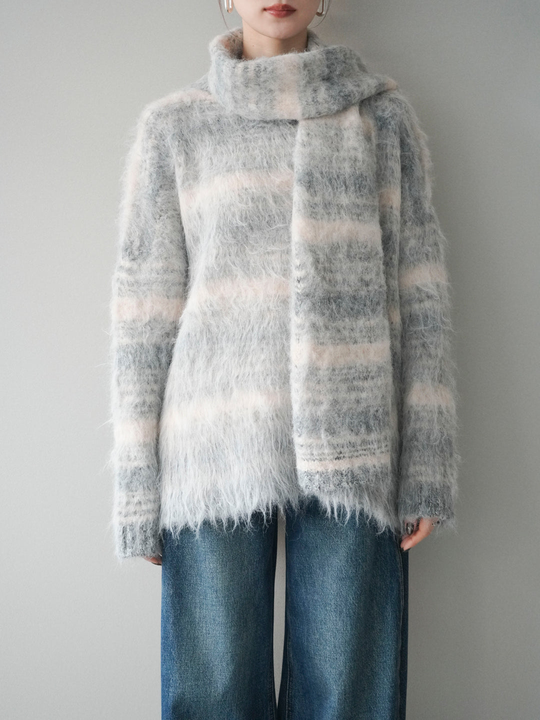 [予約]ストール付シャギーマルチボーダーニットプルオーバー/gray