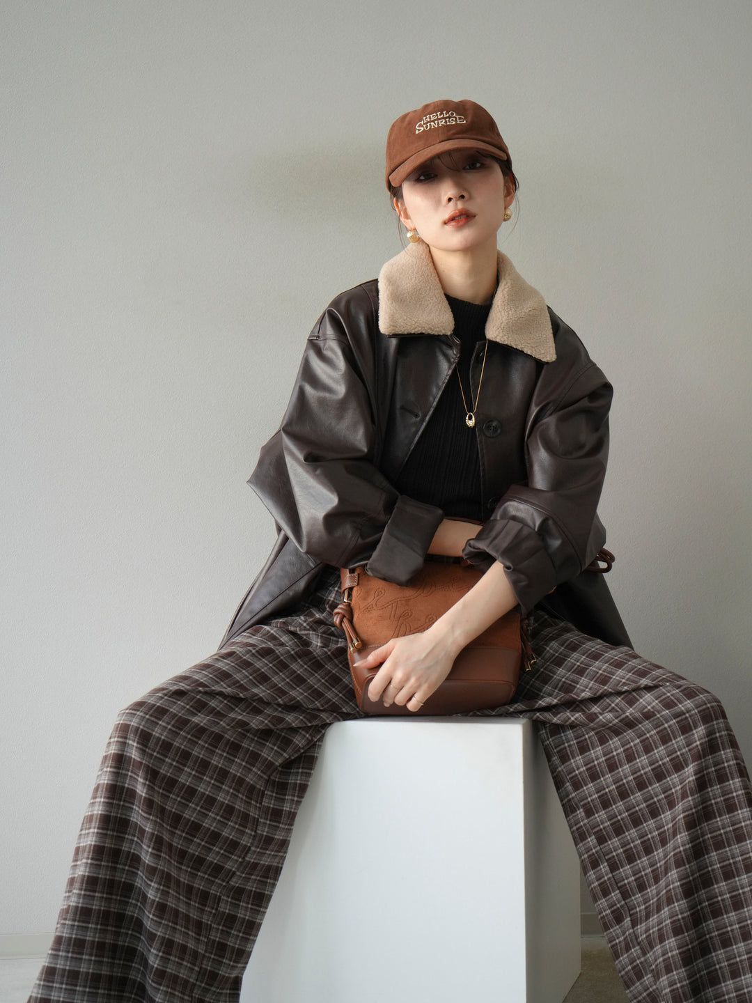 [予約]襟ボアレザーブルゾン/ブラウン