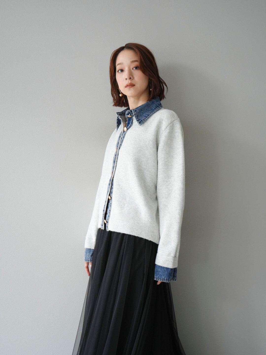 [予約]デニム襟ボタンニットカーディガン/オートミール