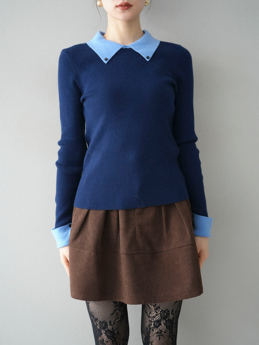 [予約]ニットカフス襟付き配色リブニットトップス/navy
