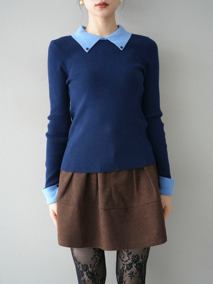[予約]ニットカフス襟付き配色リブニットトップス/navy