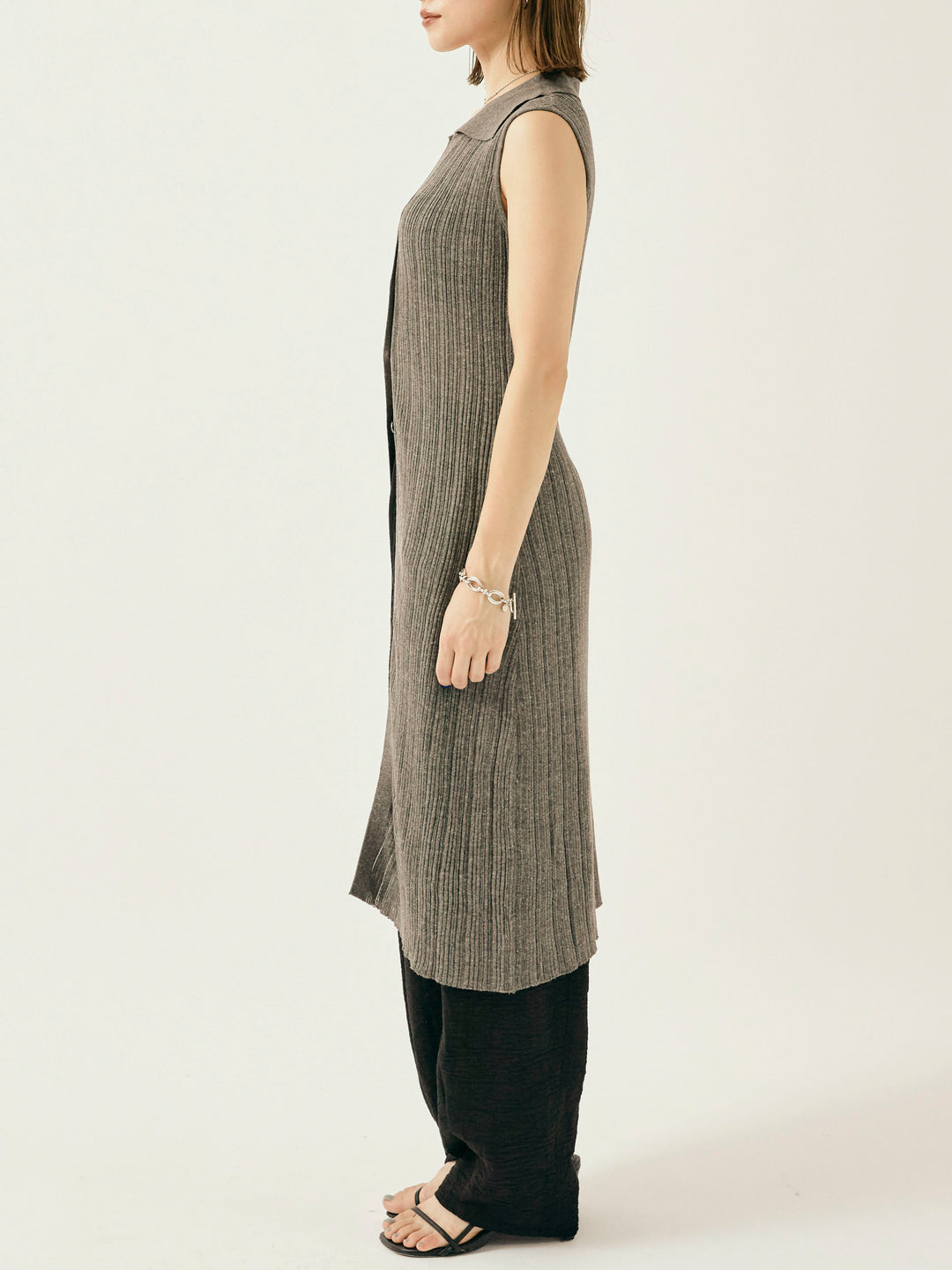 [予約]襟付きランダムリブロングニットカーディガン/グレー