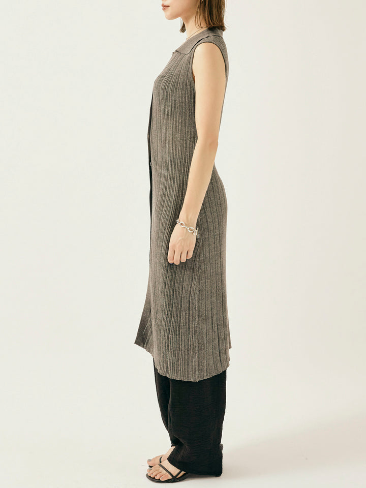 [予約]襟付きランダムリブロングニットカーディガン/グレー