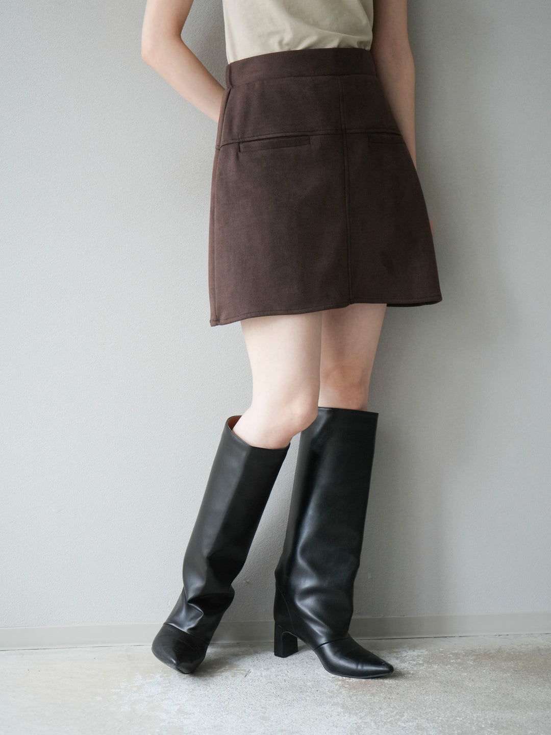 [予約]スエード切替ミニスカート/ダークブラウン