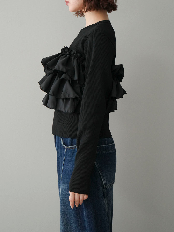 [予約]フリルビスチェドッキングスポンジニットプルオーバー/black