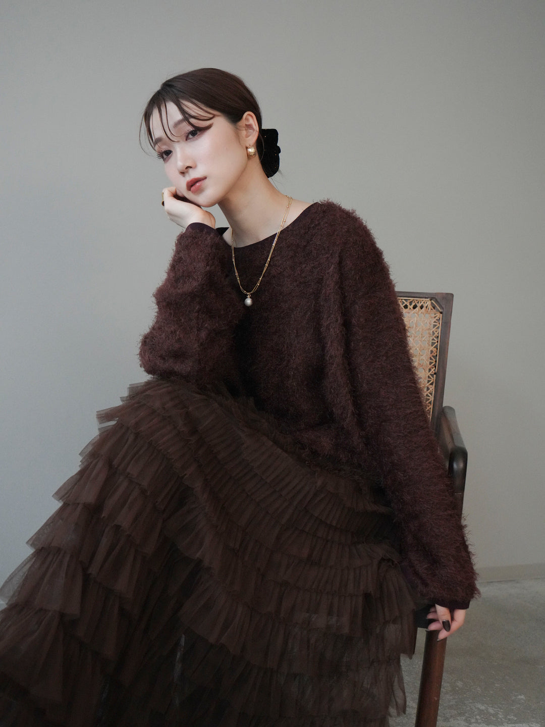 [予約]バイカラー2WAYシャギーニットカーディガン/brown