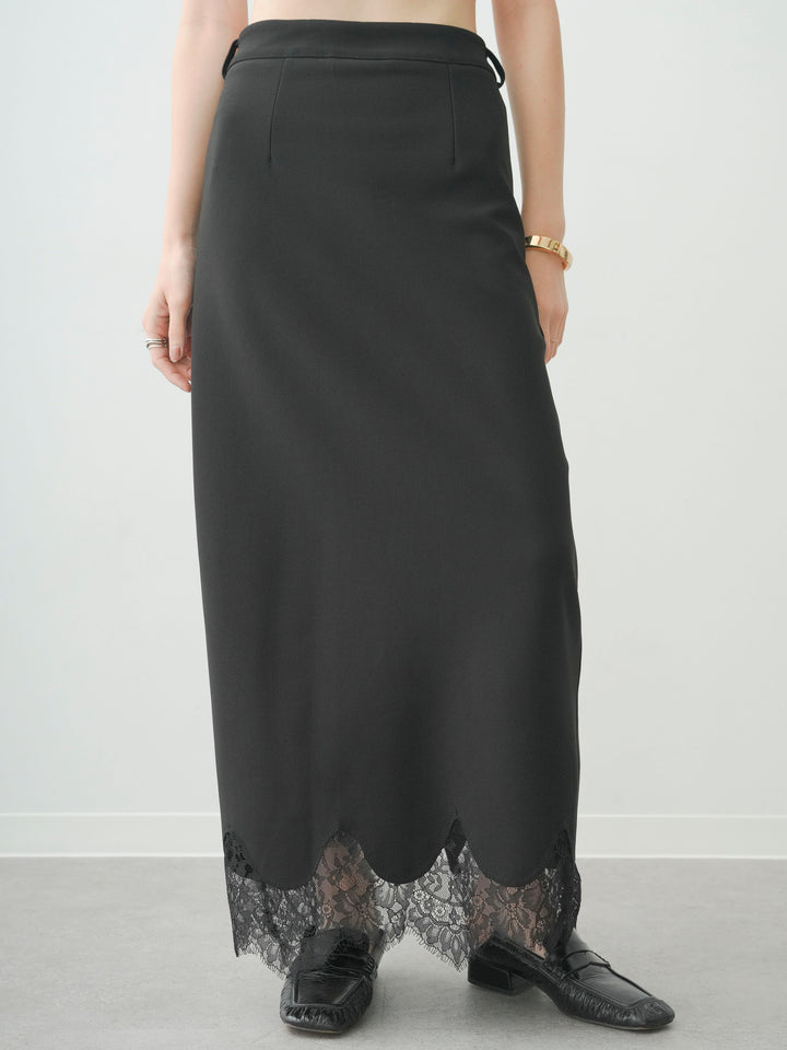 [予約]レースヘムストレッチIラインスカート/black