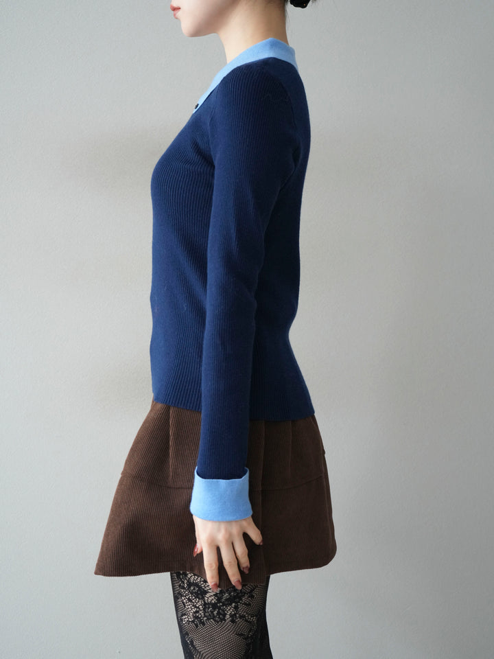 [予約]ニットカフス襟付き配色リブニットトップス/navy