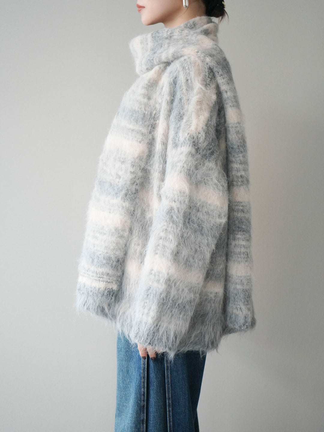 [予約]ストール付シャギーマルチボーダーニットプルオーバー/gray