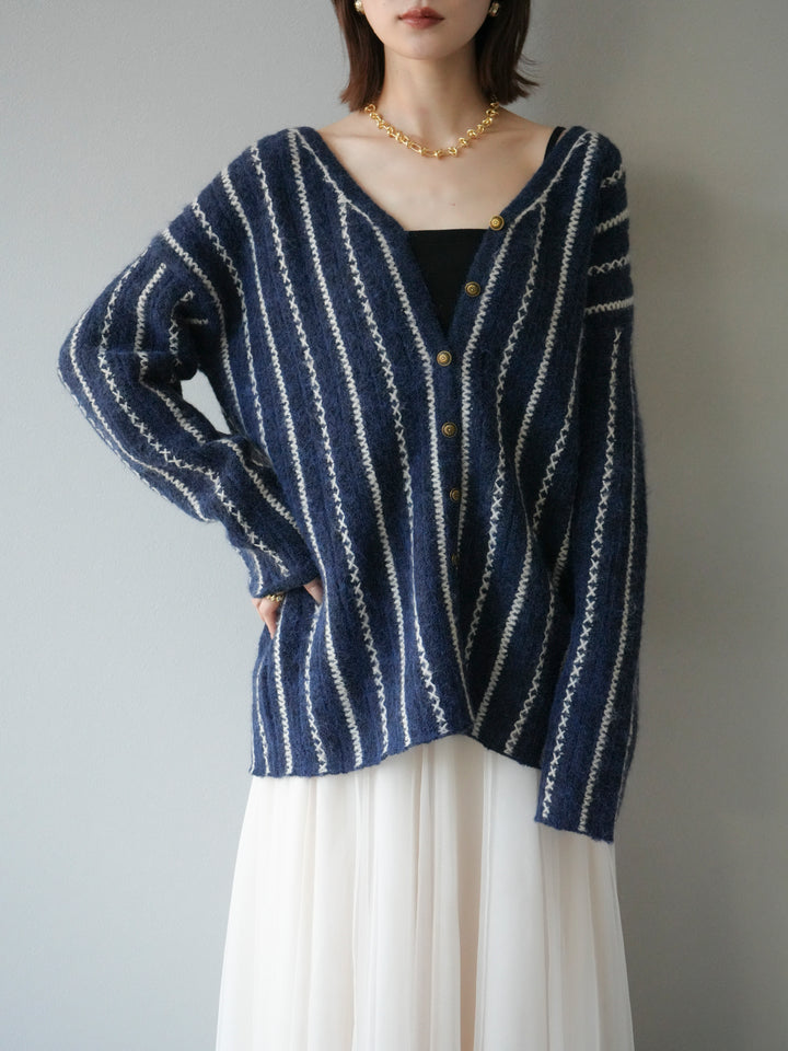 [予約]ストライプVネックニットカーディガン/ブルー