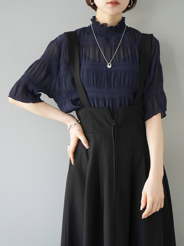 [SET] Shirring chiffon half sleeve blouse + 2WAY flare jumper skirt (2set)