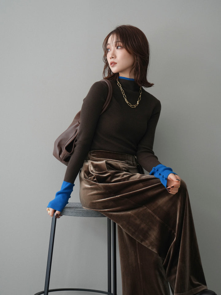 [SET]袖ボタンハイネック配色リブニットトップス+ベロアベルトスリムパンツ(2set)