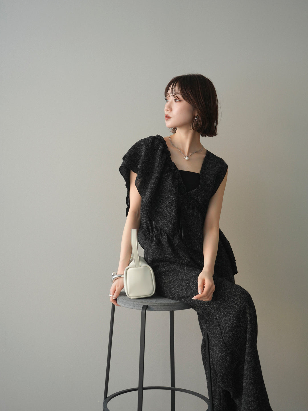 [SET]3WAYミックスツイードギャザーオールインワン+選べるアクセセット(2set)