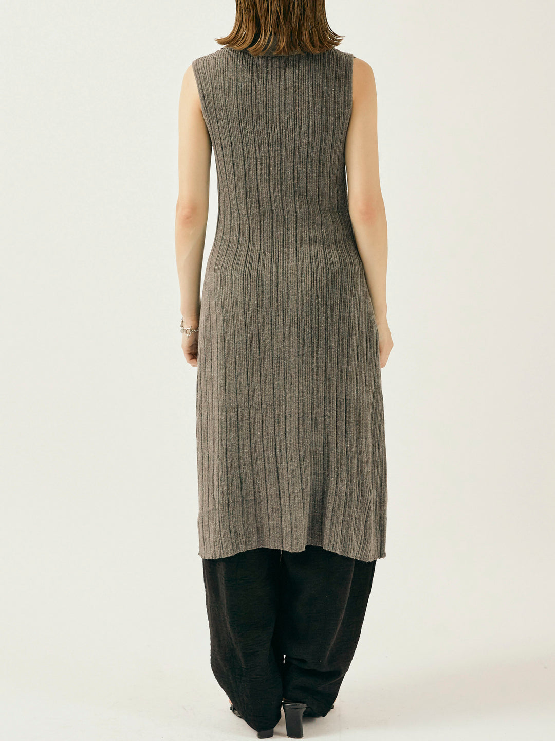 [予約]襟付きランダムリブロングニットカーディガン/グレー