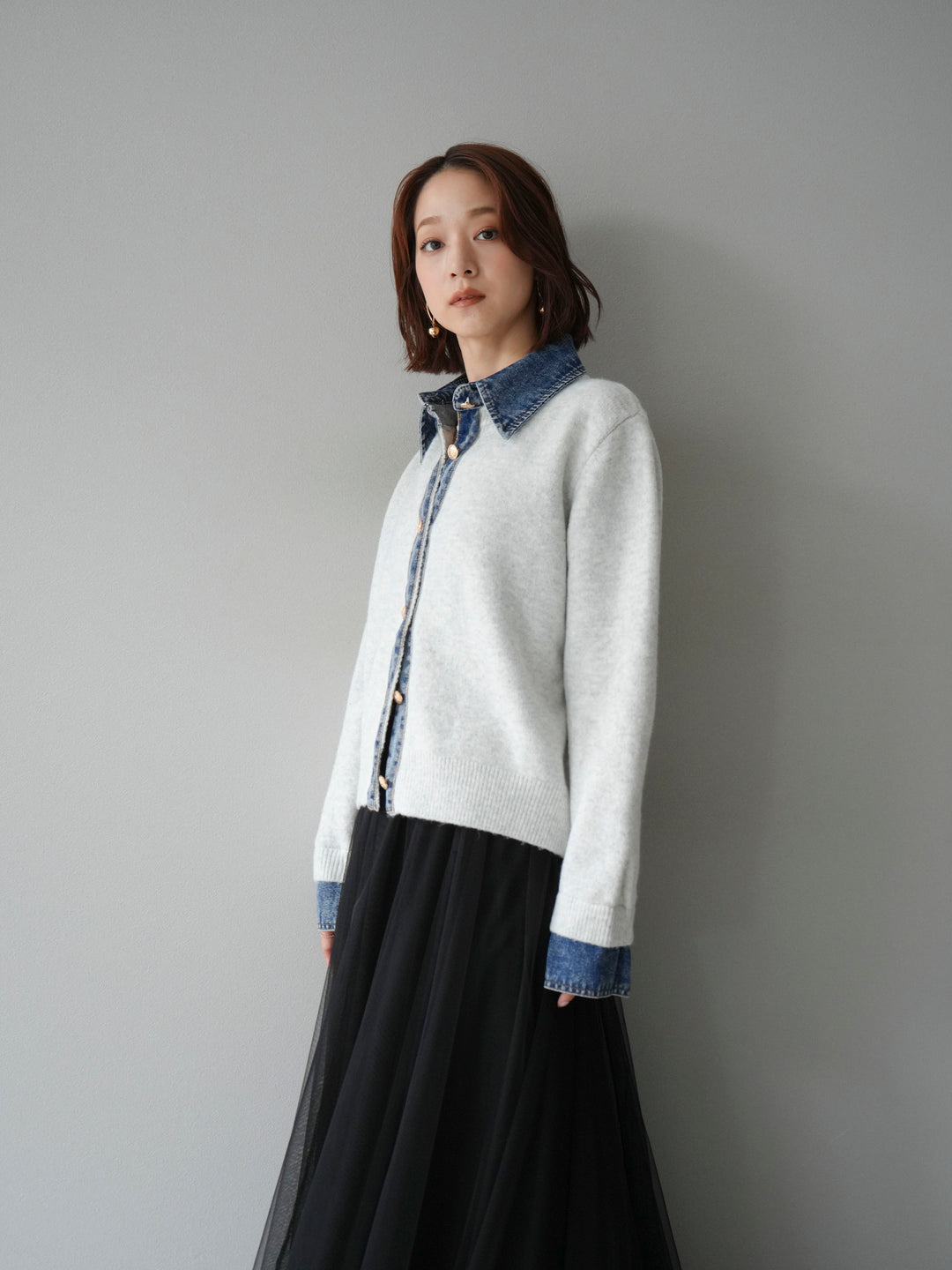 [予約]デニム襟ボタンニットカーディガン/オートミール