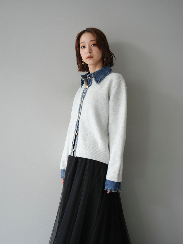 [予約]デニム襟ボタンニットカーディガン/オートミール