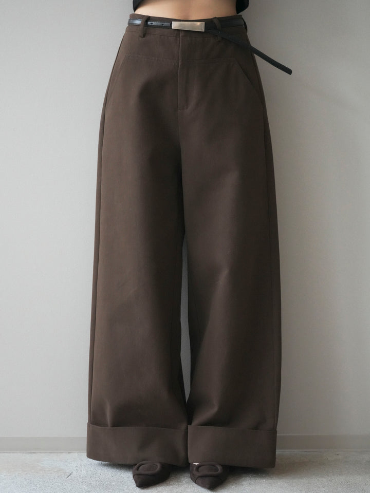 [予約]ベルト付き折り返しコットンツイルワイドパンツ/brown