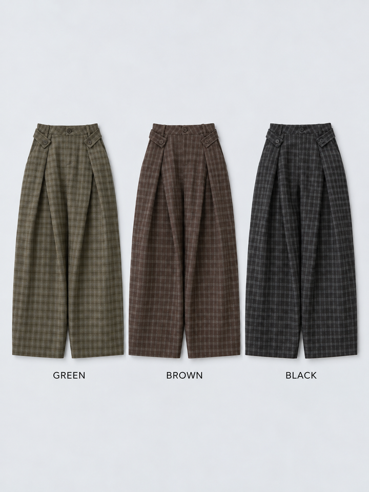 [SET]カシミア混フェザータッチVネックニットトップス+チェックサイドベルトデザインタックパンツ(2set)
