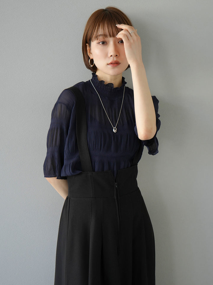 [SET] Shirring chiffon half sleeve blouse + 2WAY flare jumper skirt (2set)