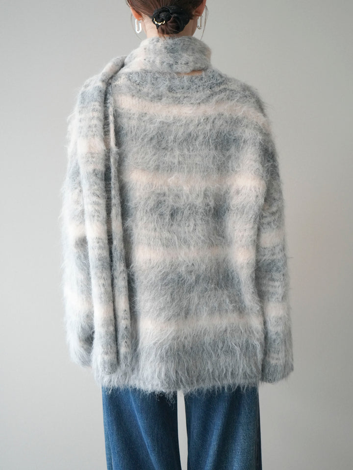 [予約]ストール付シャギーマルチボーダーニットプルオーバー/gray