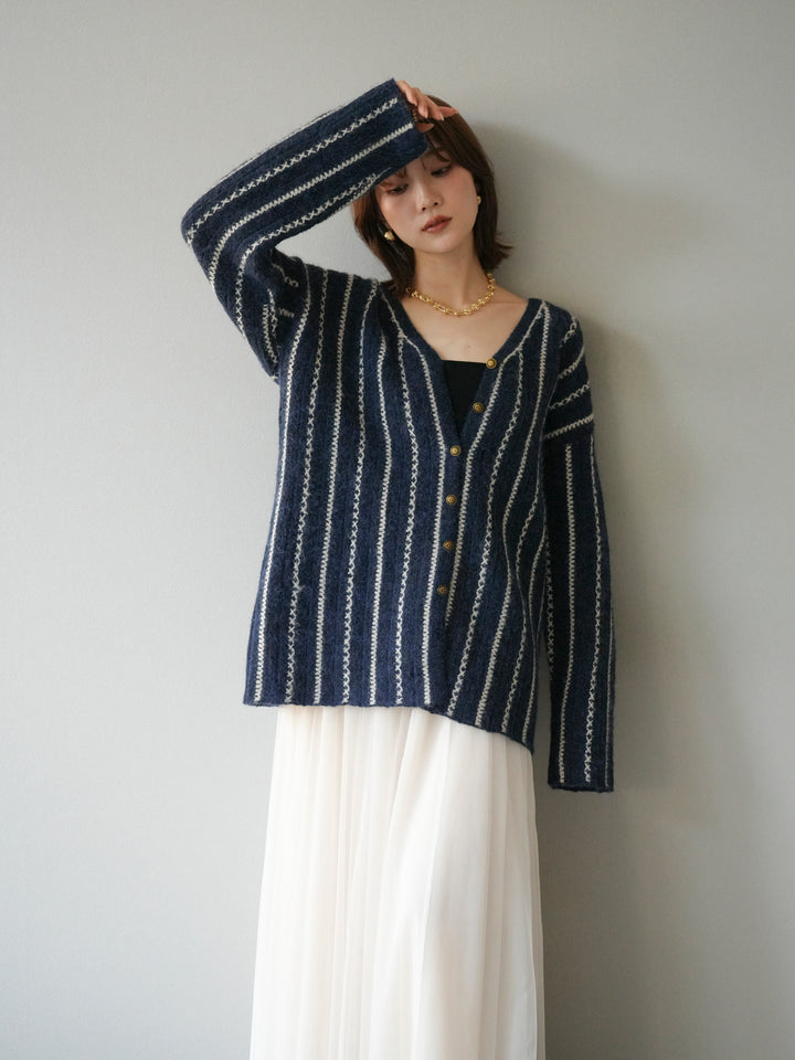 [予約]ストライプVネックニットカーディガン/ブルー