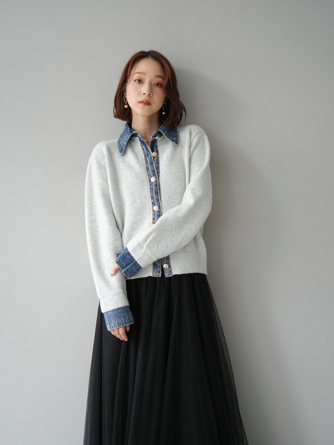 [予約]デニム襟ボタンニットカーディガン/オートミール