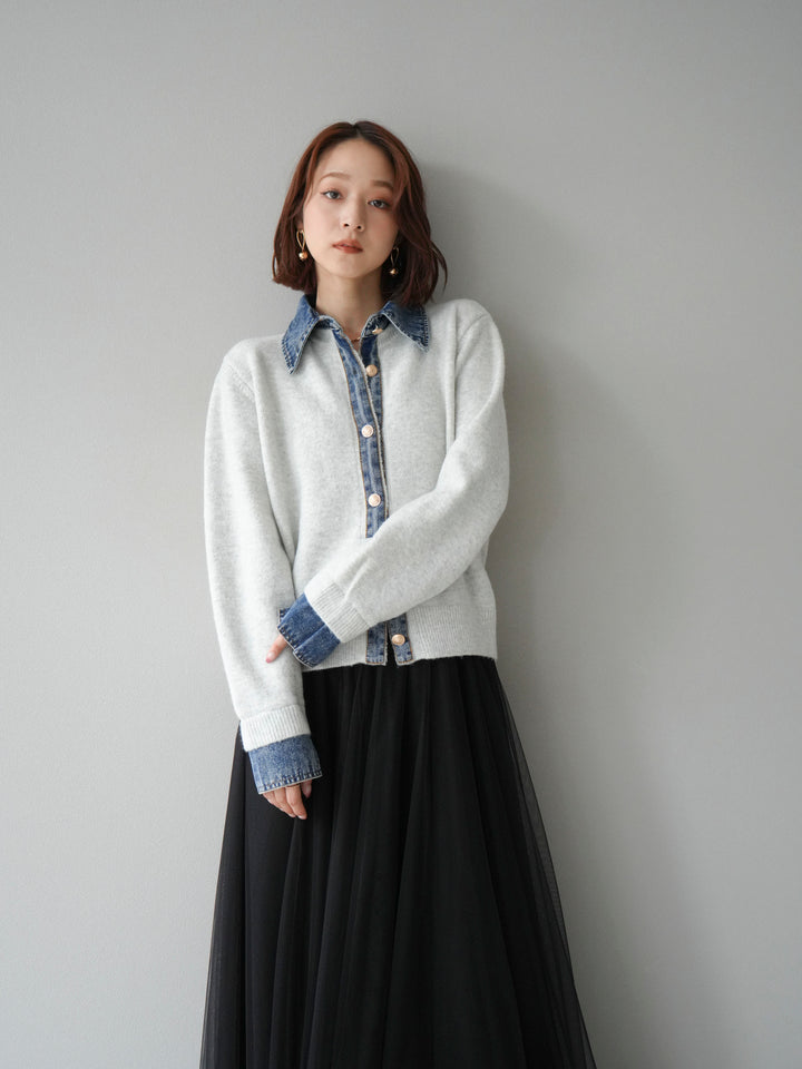 [予約]デニム襟ボタンニットカーディガン/オートミール