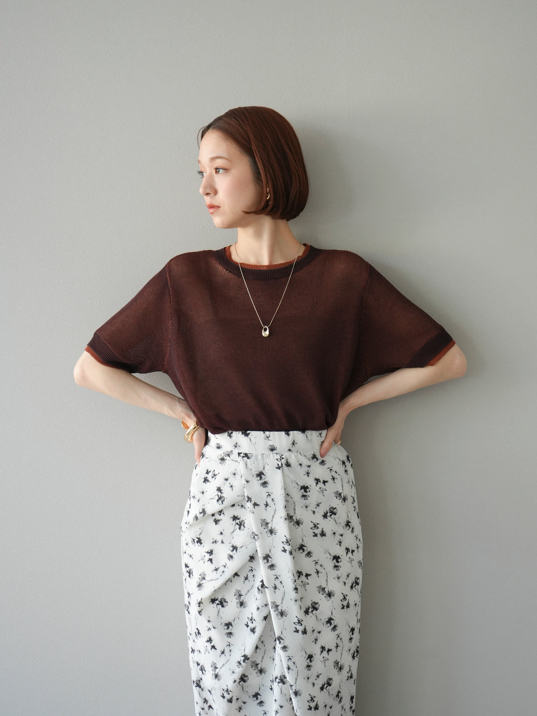 [SET]リネンタッチ配色二重臼ハーフニットトップス+選べるアソート柄スカートセット(2set)