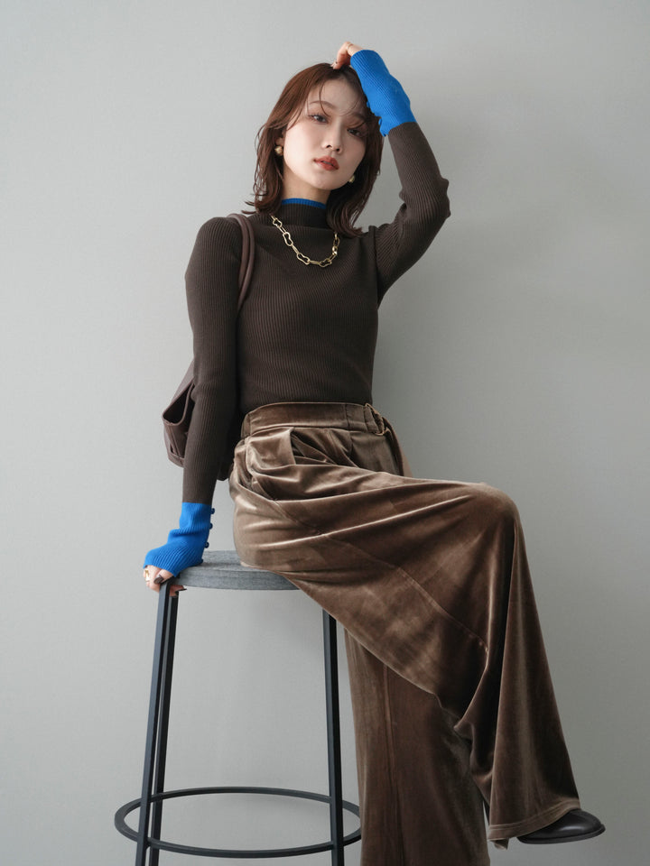 [予約]袖ボタンハイネック配色リブニットトップス/brown