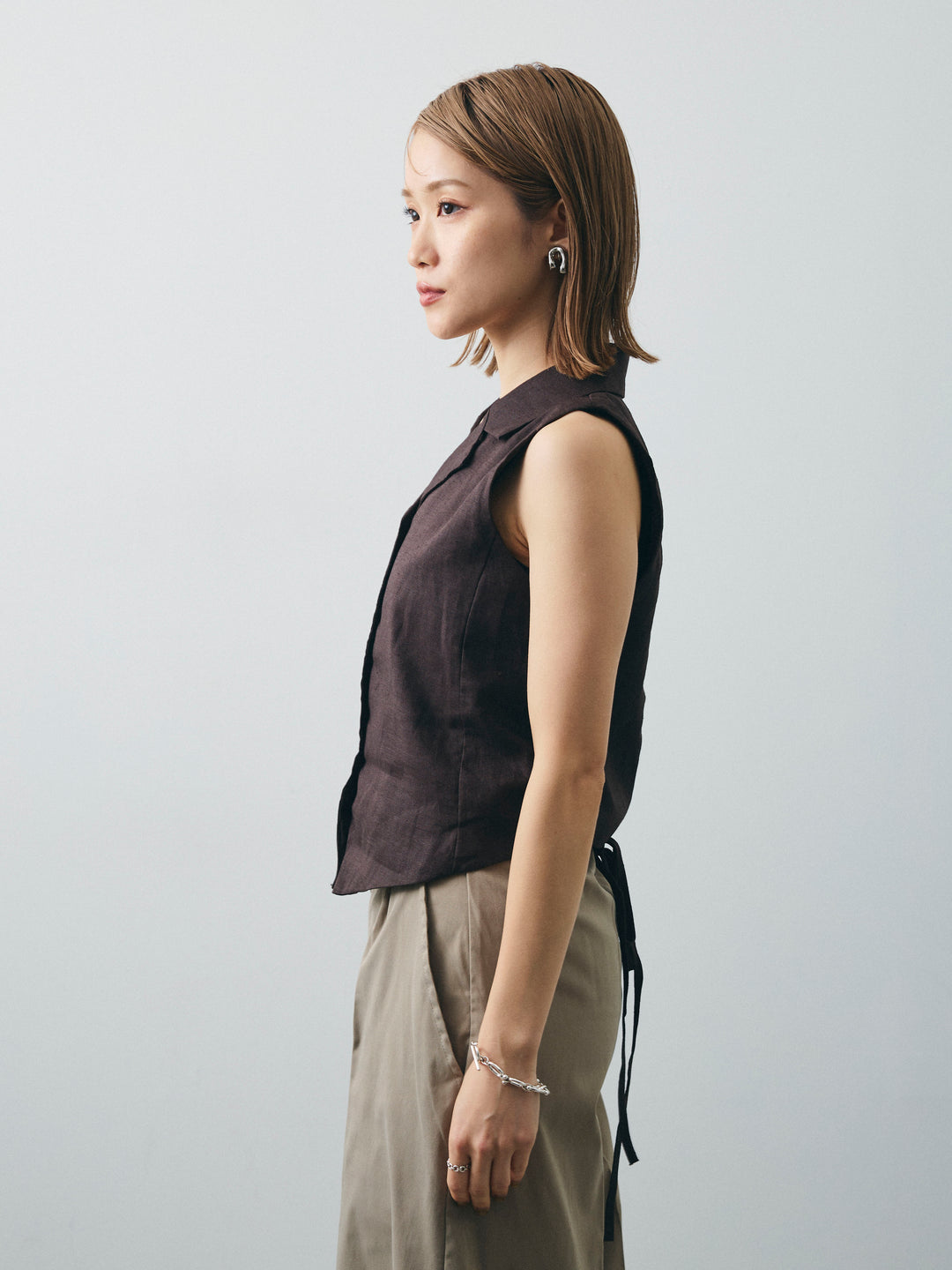 [予約]リネンライクテーラードジレ/ブラウン