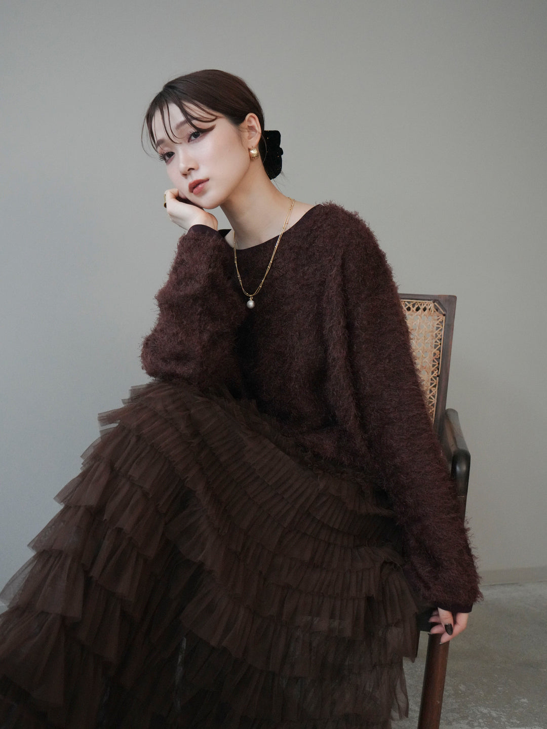 [予約]バイカラー2WAYシャギーニットカーディガン/brown