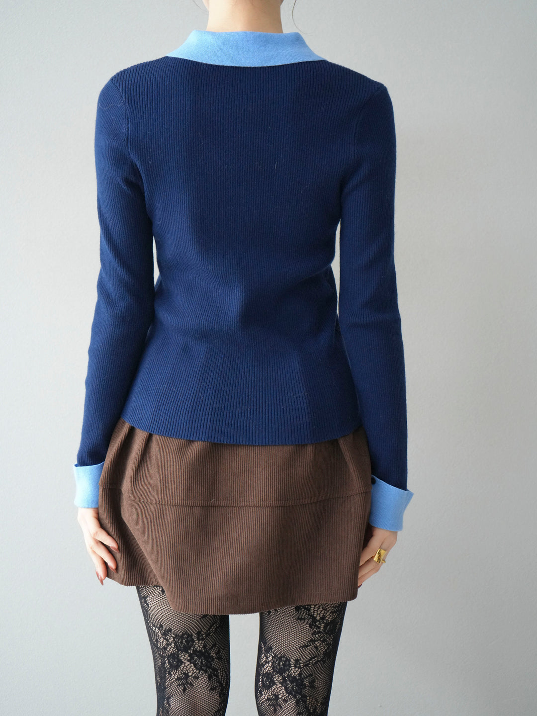 [予約]ニットカフス襟付き配色リブニットトップス/navy
