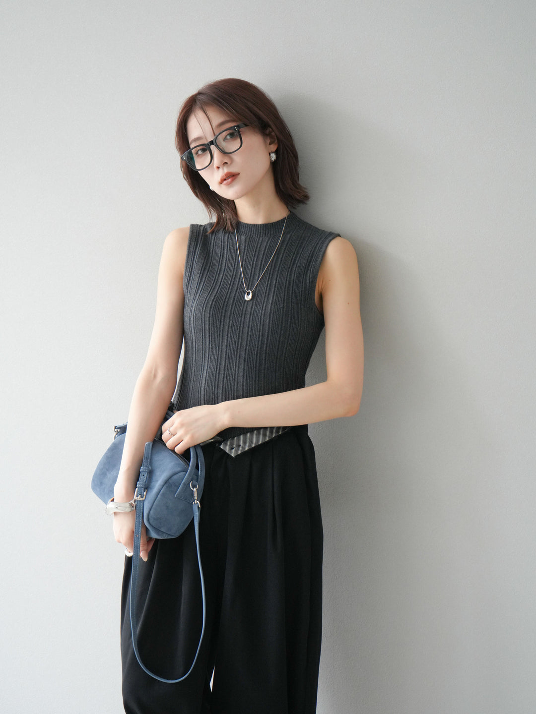 [予約]スリーブレスランダムリブニットトップス/グレー