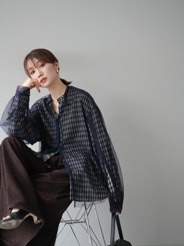 [予約]チェック柄2WAYスリーブバンドカラーシャツ/ベージュブラック